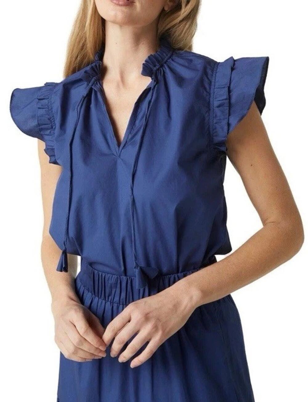 Misa LA Basia Flutter Sleeve Top Midnight Navy Blue Quiet Luxury USA Made Sz S